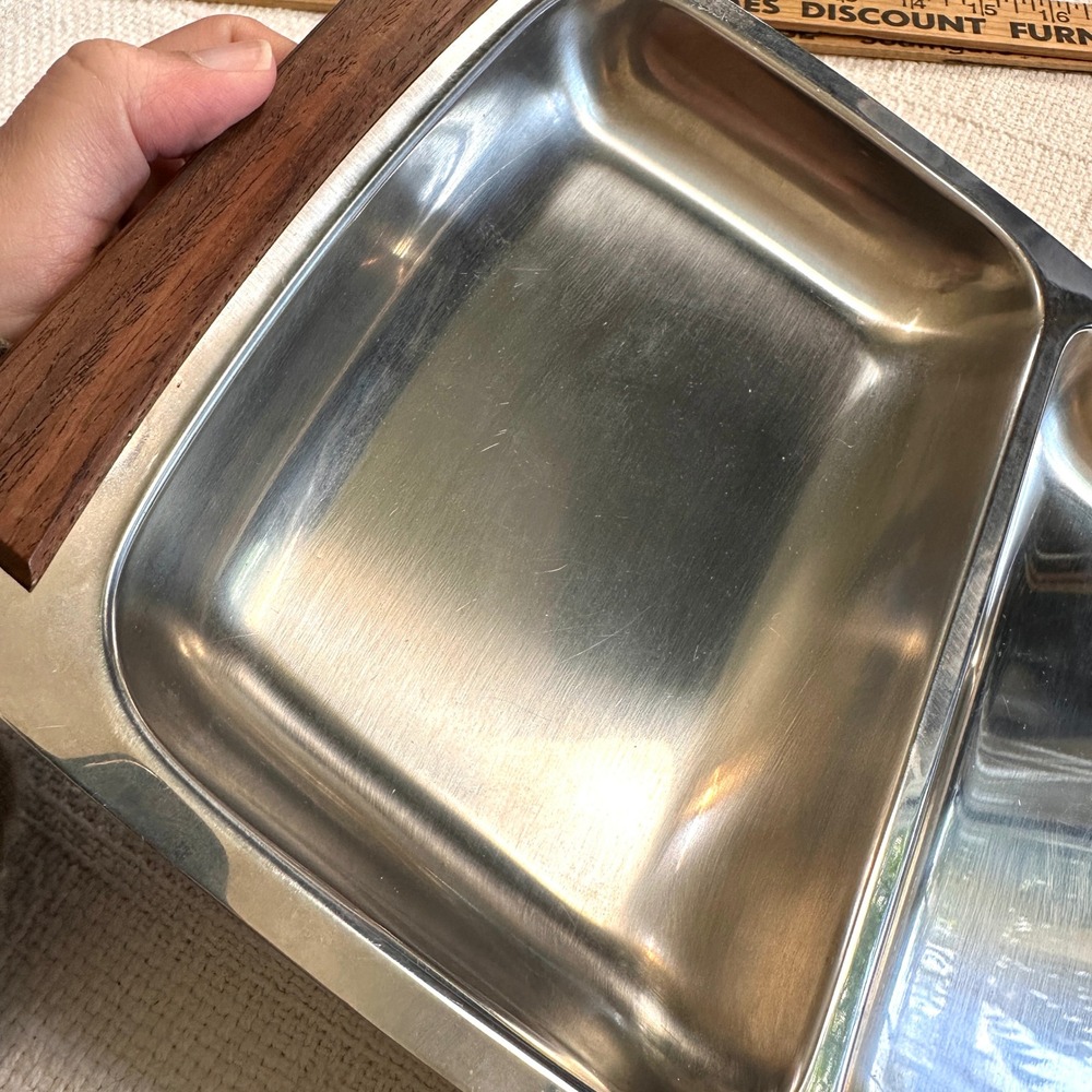 VTG 60s MCM Stainless Steel Divided Serving Tray Wood Handles KH Hong Kong 12.5" - Picture 4 of 9